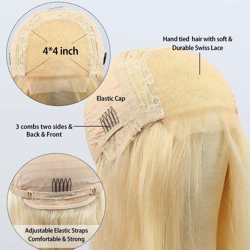 4X4 #613 BLONDE STRAIGHT BOB WIG HUMAN HAIR LACE FRONT WIG SILKY BLUNT CUT-wigirlhair
