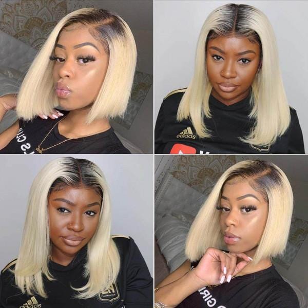 #1B/613 Straight Blonde Bob Wig Ombre Human Hair Silky Blunt Cut - wigirlhair