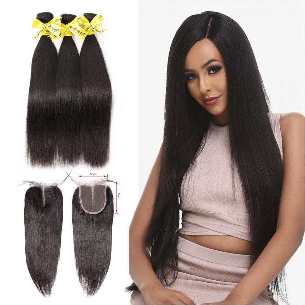 7A 3 Bundles Hair Weave Brazilian Hair With 5x5 Lace Closure Straight - wigirlhair