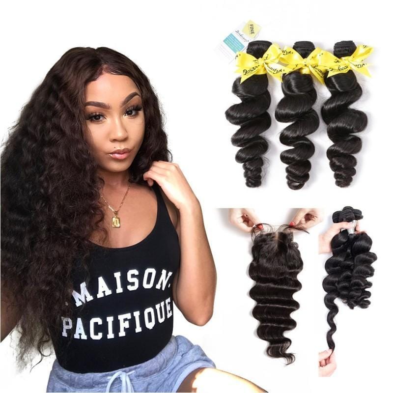 7A 3 Bundles Hair Weave Brazilian Hair With Lace Closure Loose Wave