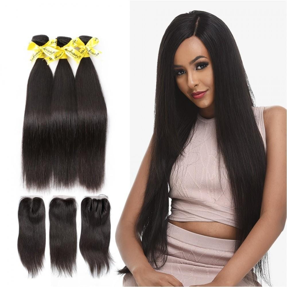 7A 3 Bundles Hair Weave Brazilian Hair With Lace Closure Straight