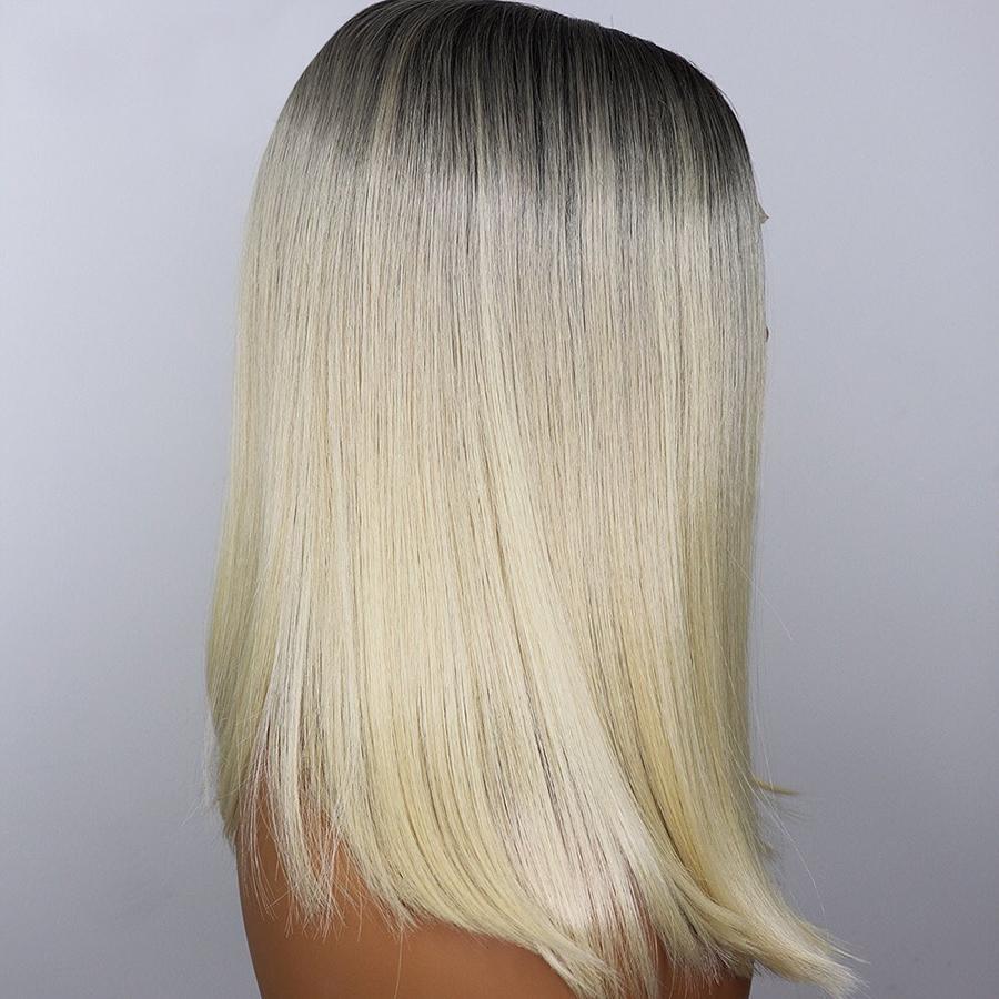 #1B/613 Straight Blonde Bob Wig Ombre Human Hair Silky Blunt Cut - wigirlhair