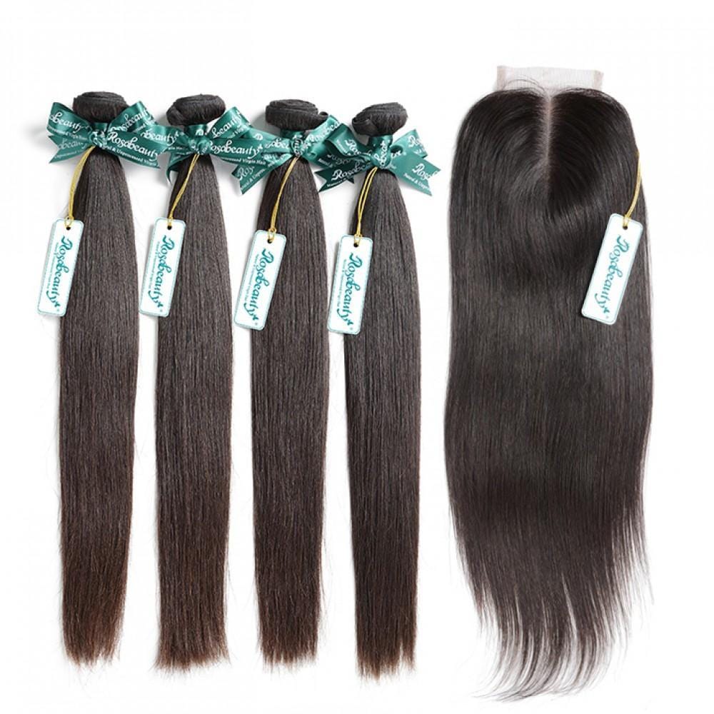 7A 4 Bundles Hair Weave Brazilian Hair With Lace Closure Straight