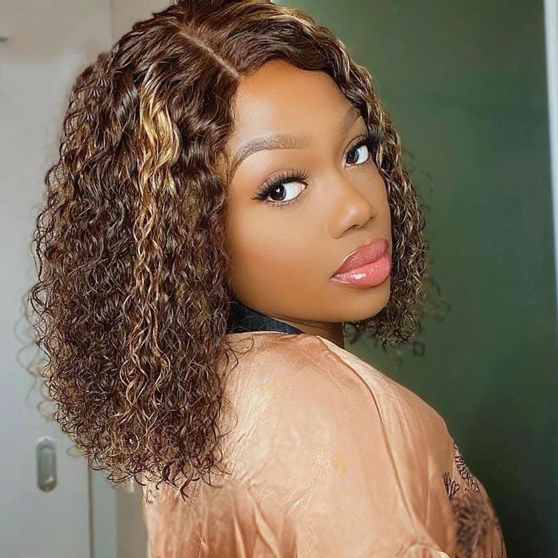 T Part Deep Curly Short Bob Wig Highlight Human Vigin Hair - wigirlhair