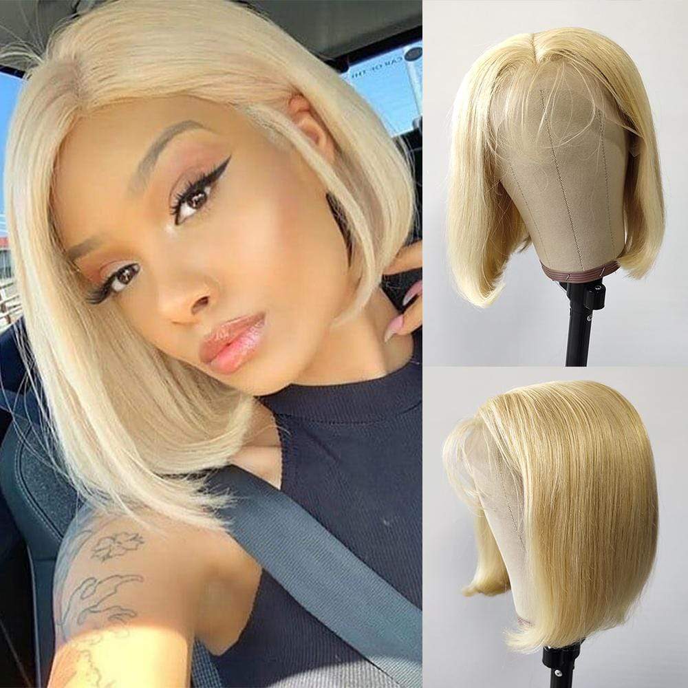 4x4 #613 Blonde Straight Bob Wig Human Hair Lace Front Wig Silky Blunt Cut - wigirlhair
