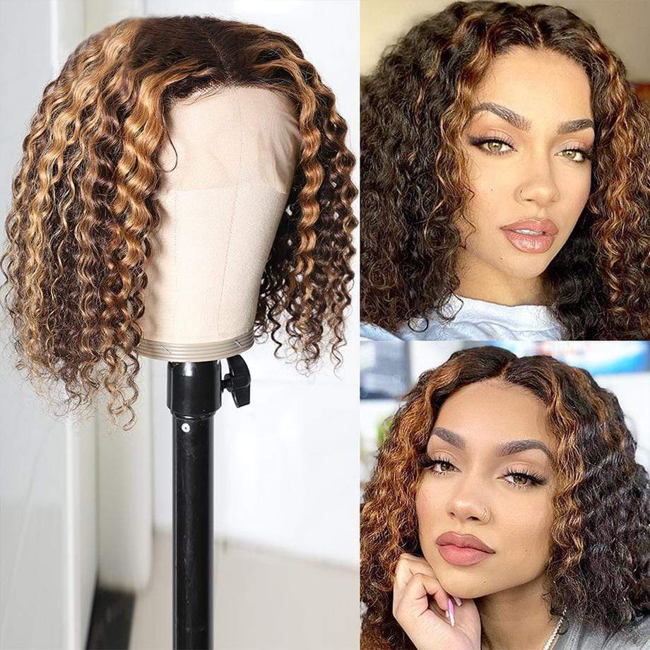 T Part Deep Curly Short Bob Wig Highlight Human Vigin Hair - wigirlhair