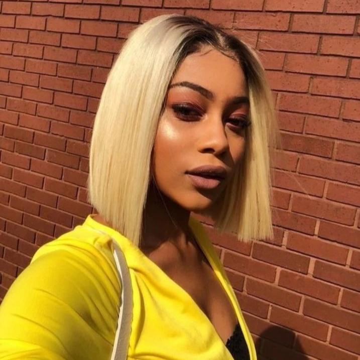 #1B/613 Straight Blonde Bob Wig Ombre Human Hair Silky Blunt Cut - wigirlhair