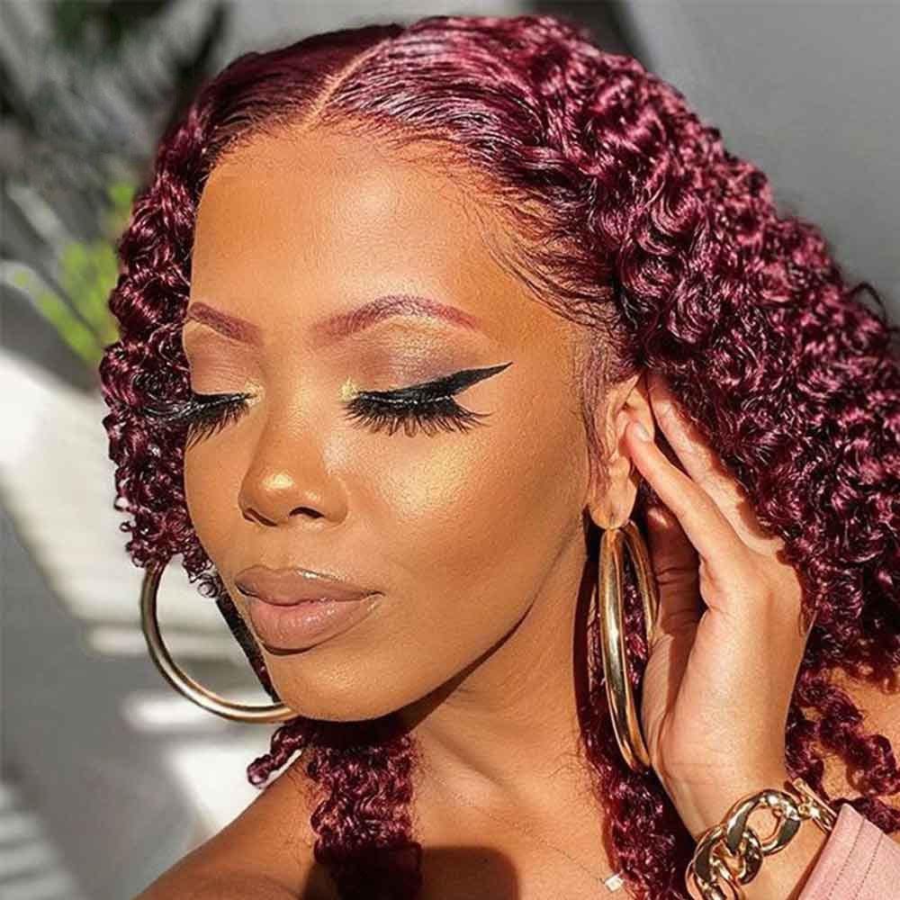99J Burgundy Deep Curly T-Part Lace Frontal Wig Human Hair Wig - wigirlhair