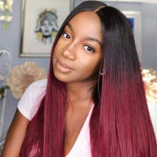 T Part Lace #1B/99J Highlight Straight Human Hair Lace Front Wig - wigirlhair