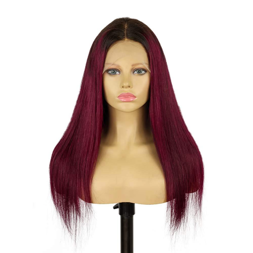 T Part Lace #1B/99J Highlight Straight Human Hair Lace Front Wig - wigirlhair