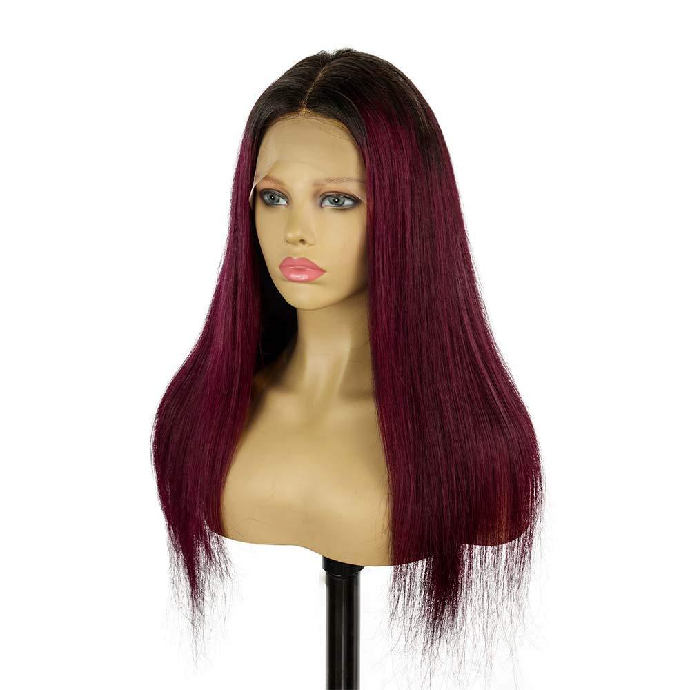 T Part Lace #1B/99J Highlight Straight Human Hair Lace Front Wig - wigirlhair