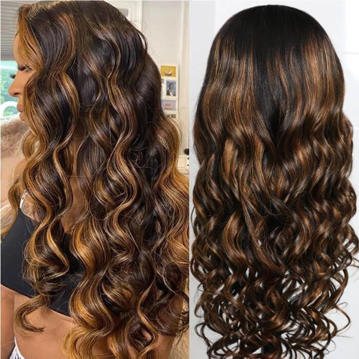 T Part&13x4 #1B/30 Highlight Body Wave Lace Front Wig Balayage Blonde Human Hair Wigs-wigirlhair
