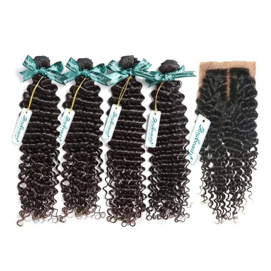 7A 4 Bundles Hair Weave Brazilian Hair With Silk Base Closure Deep Wave