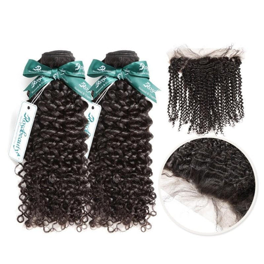 7A 2 Bundles Brazilian Hair With Frontal Kinky Curly