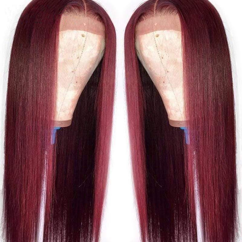 99J Burgundy Straight T-Part Lace Frontal Wig Human Hair Wigs - wigirlhair