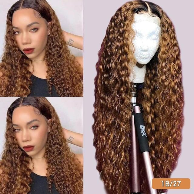 4x4 #1B/27 Ombre Lace Front Wig Afro Curly Virgin Human Hair - wigirlhair