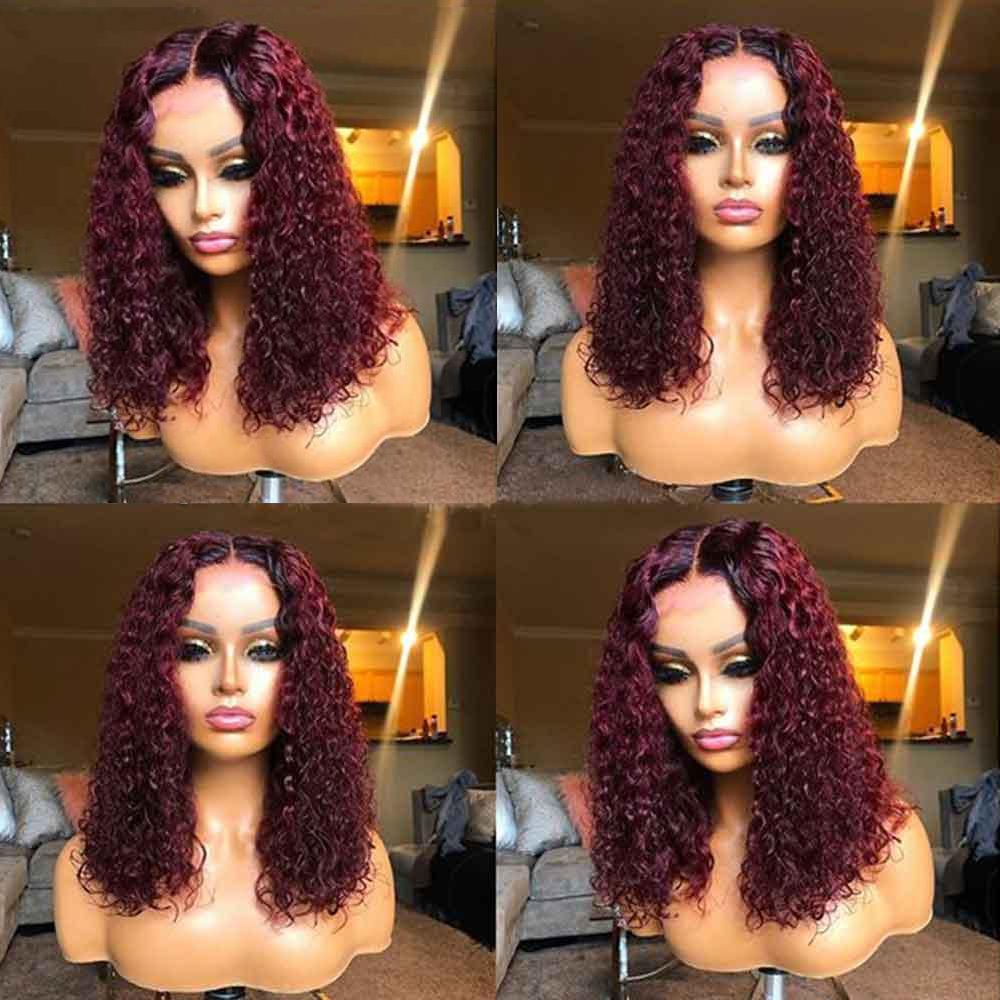 99J Burgundy Deep Curly T-Part Lace Frontal Wig Human Hair Wig - wigirlhair