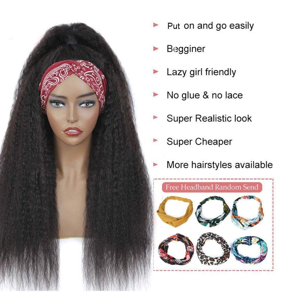 Throw On & Go Kinky Straight Headband Wig Virgin Human Hair(Get Free Headband)