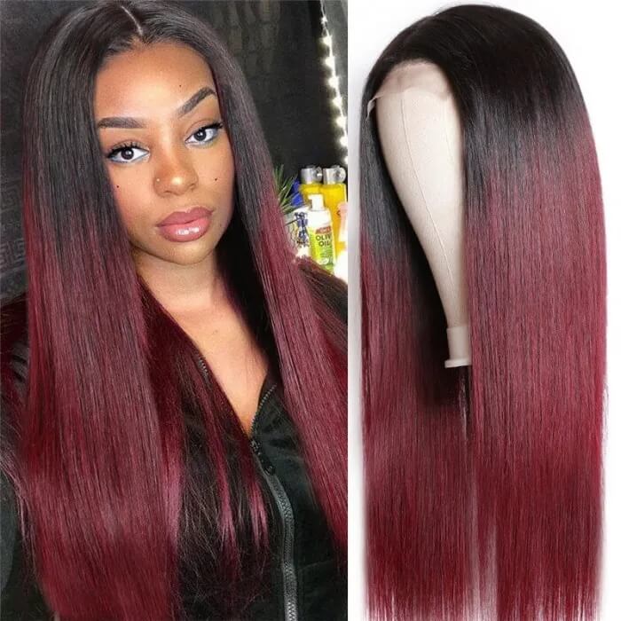 T Part Lace #1B/99J Highlight Straight Human Hair Lace Front Wig - wigirlhair