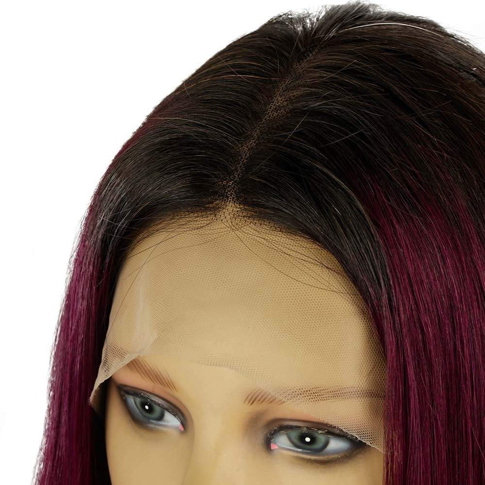 T Part Lace #1B/99J Highlight Straight Human Hair Lace Front Wig - wigirlhair