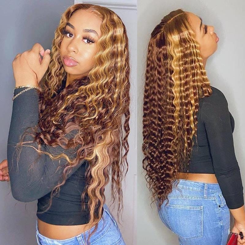 T Part Lace Deep Wave Blonde Hair Highlight Wig Lace Frontal Wig - wigirlhair